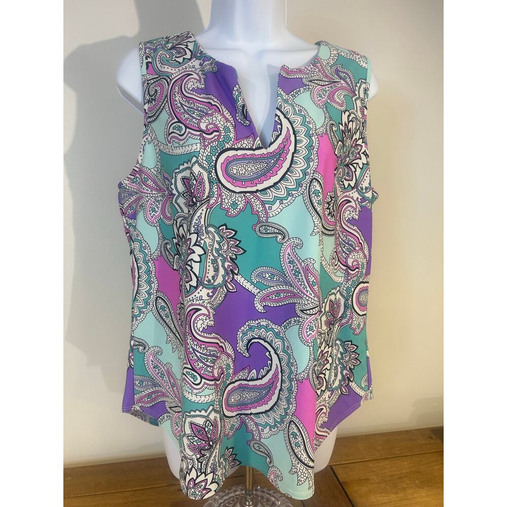 Jude Connally Sz XL Bright Paisley Print Top Split Neck Made In USA Sleeveless